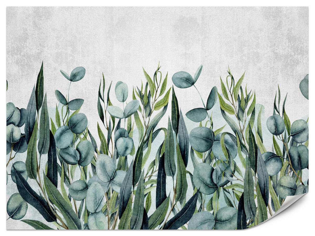 FOTOTAPETE für Schlafzimmer Beton Blätter Aquarell Natur Grün Eukalyptusblätter 500x350 - Grau/Grün, Papier (500/350cm) - Muralo