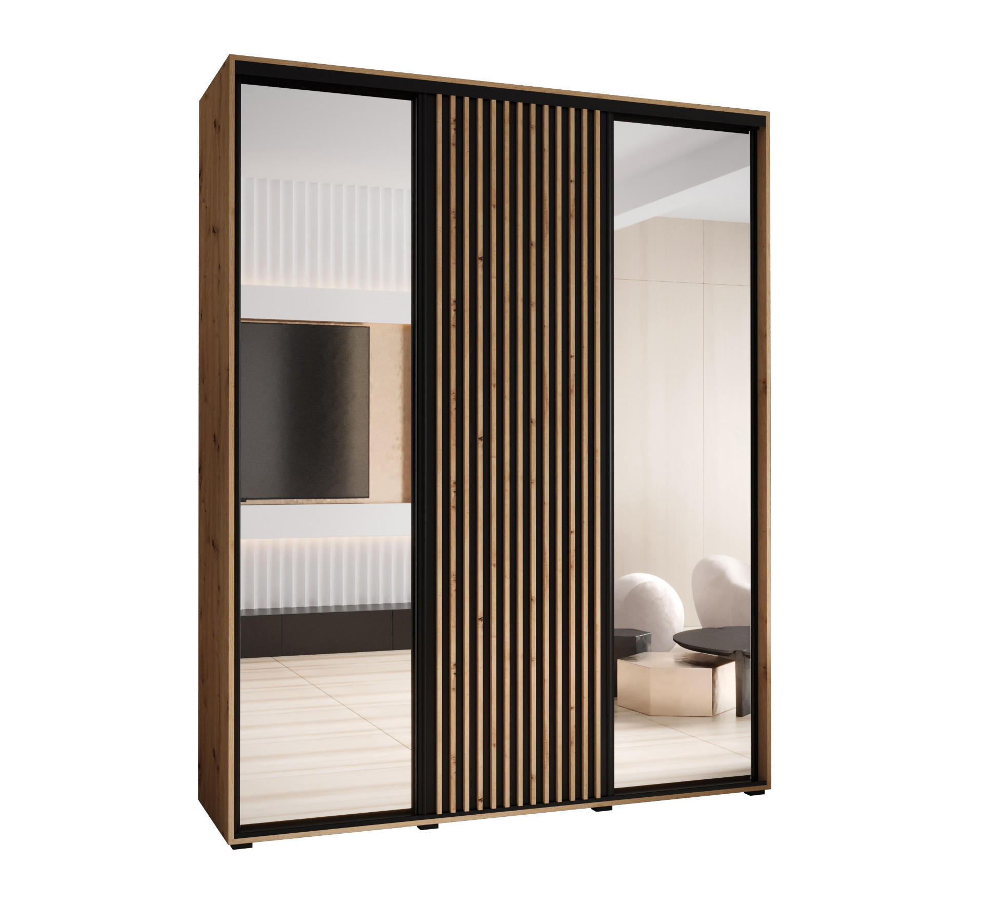 Abiks Möbel Schwebetürenschrank Eiche Artisan, Schwarz, Eiche Artisan 190x235x60 cm