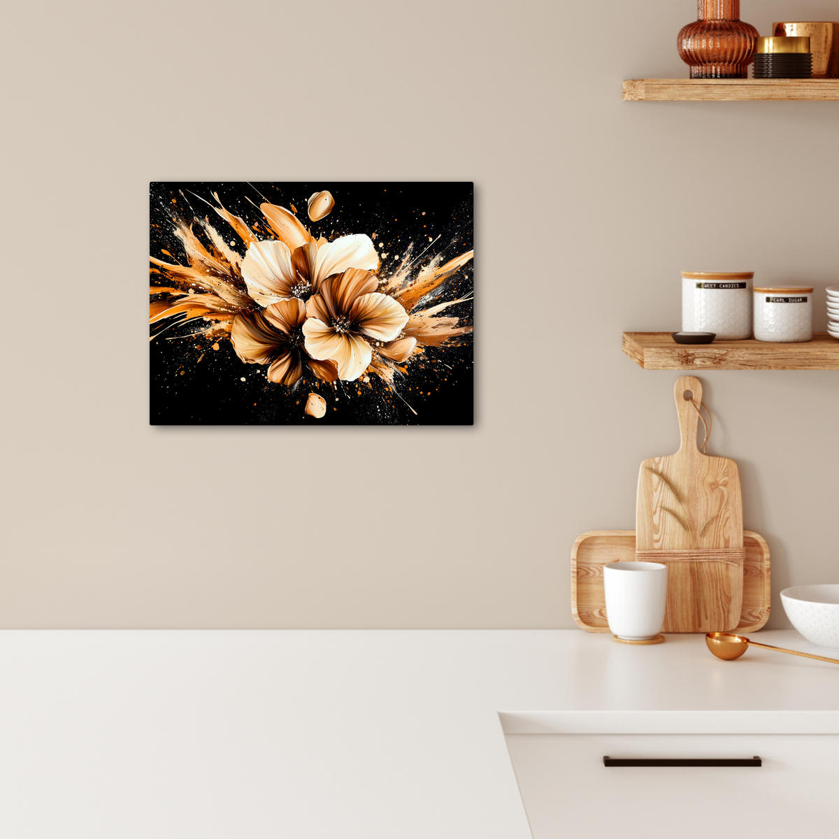 LEINWANDBILD Blumen - Gold - Graffiti - Schwarz - Abstrakt 40x30 cm - Cappuccino, Textil (40/30cm) - MuchoWow