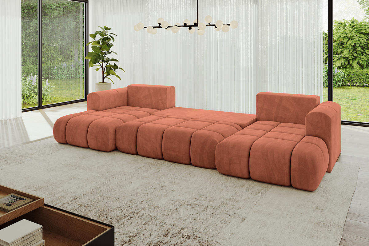 WOHNLANDSCHAFT Ottomane Links CLOUD-U 414x180x40 Apricot Velours - Koralle, Holzwerkstoff/Kunststoff (414/90/180cm) - ALTDECOR