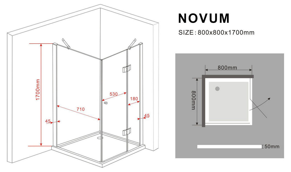 DUSCHKABINE NOVUM Klar 80 x 80 x 170 cm 8 mm ESG - Klar, Glas (80/80/170cm) - Glasdeals