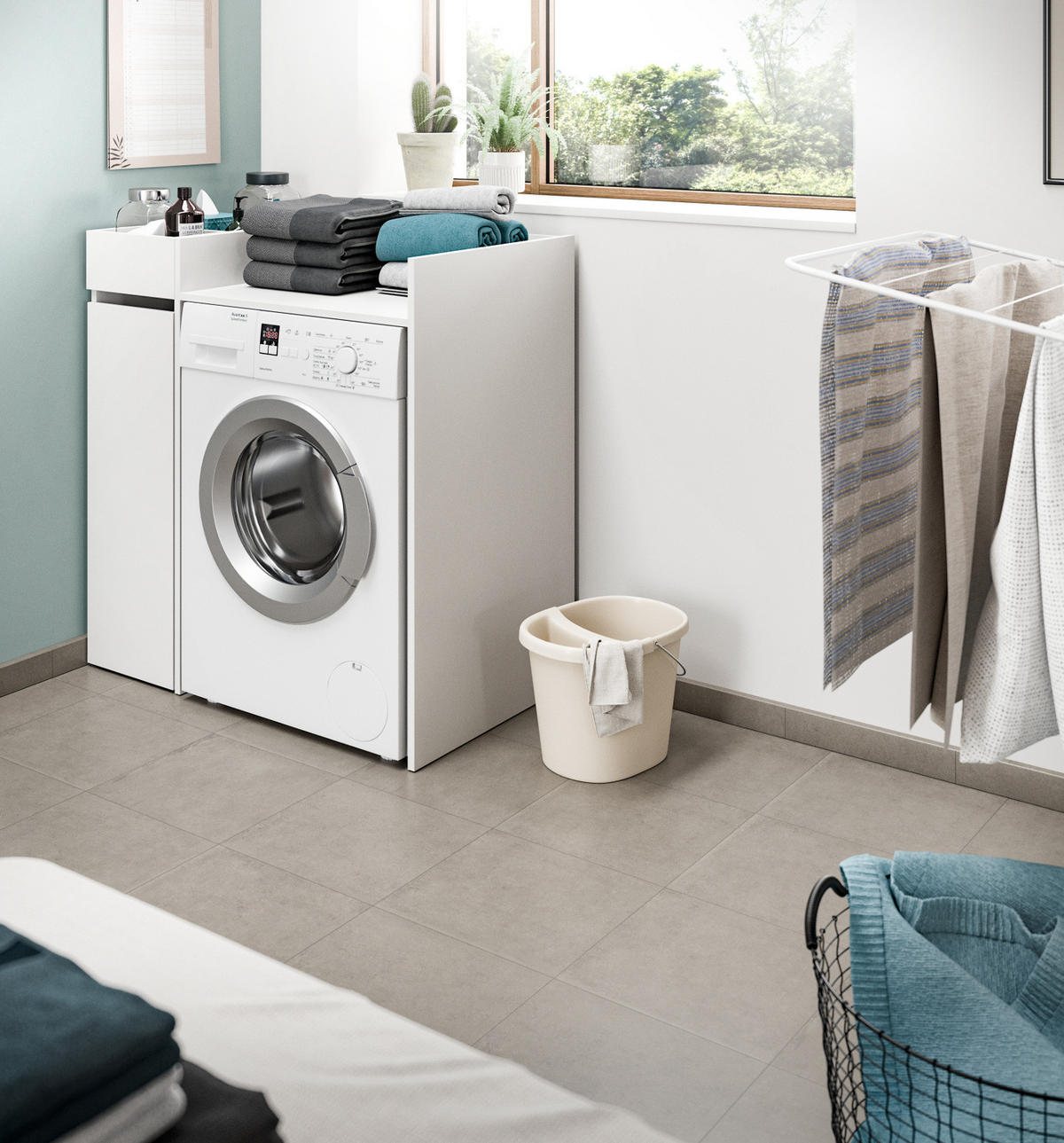 WASCHMASCHINENUMBAU Set weiß 2-teilig, Überbauschrank und Anstellregal 95 x 101 cm - Schwarz/Weiß, Holzwerkstoff/Kunststoff (95/101/60cm) - Inn.Furn