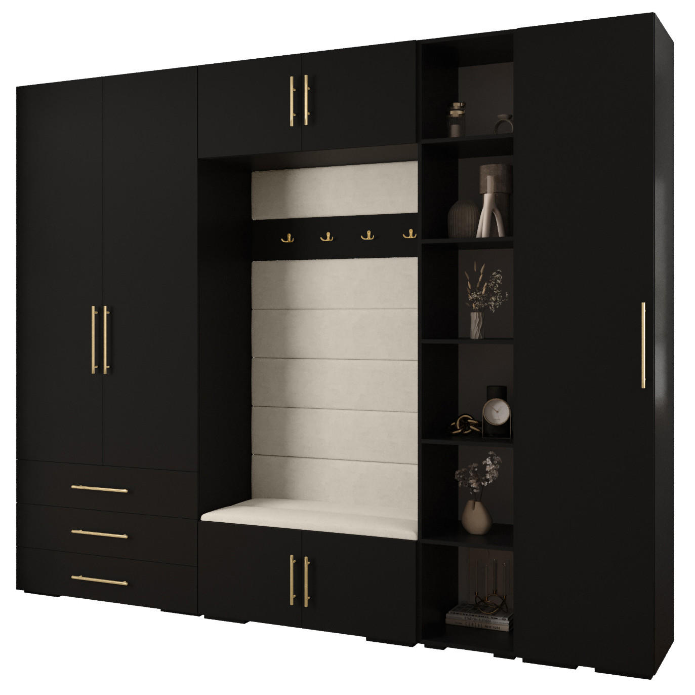 Abiks Möbel Garderoben-Set Schwarz, Beige, Gold 290x236.7x47 cm