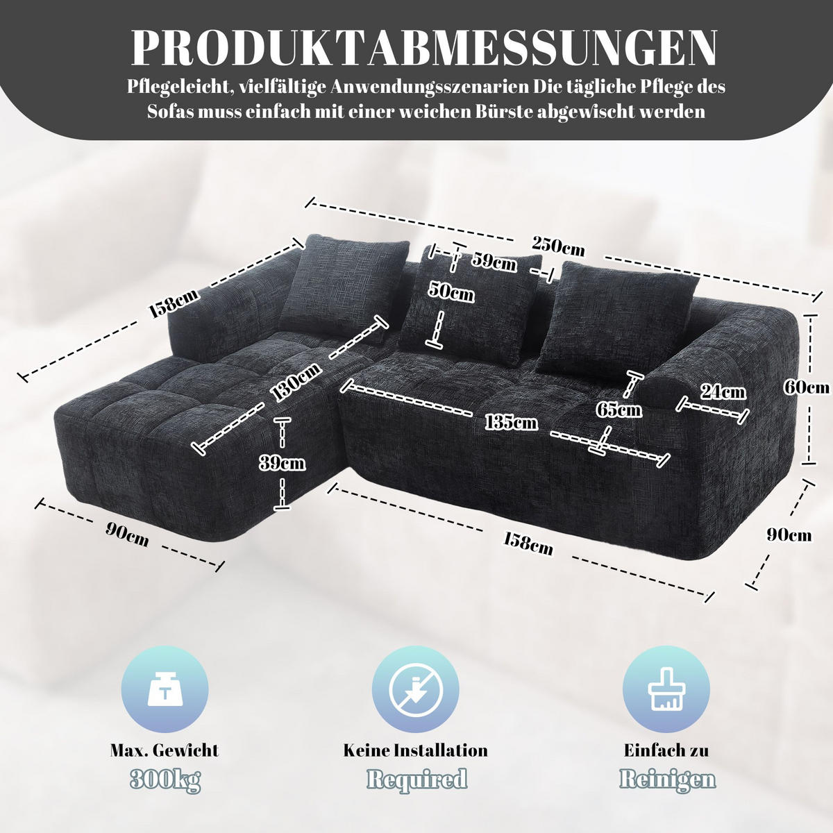 ECKSOFA-CHENILLE-SOFA mit Chaiselongue und Armlehnen, Schwarz - Schwarz, Textil (158/250cm) - KOMHTOM