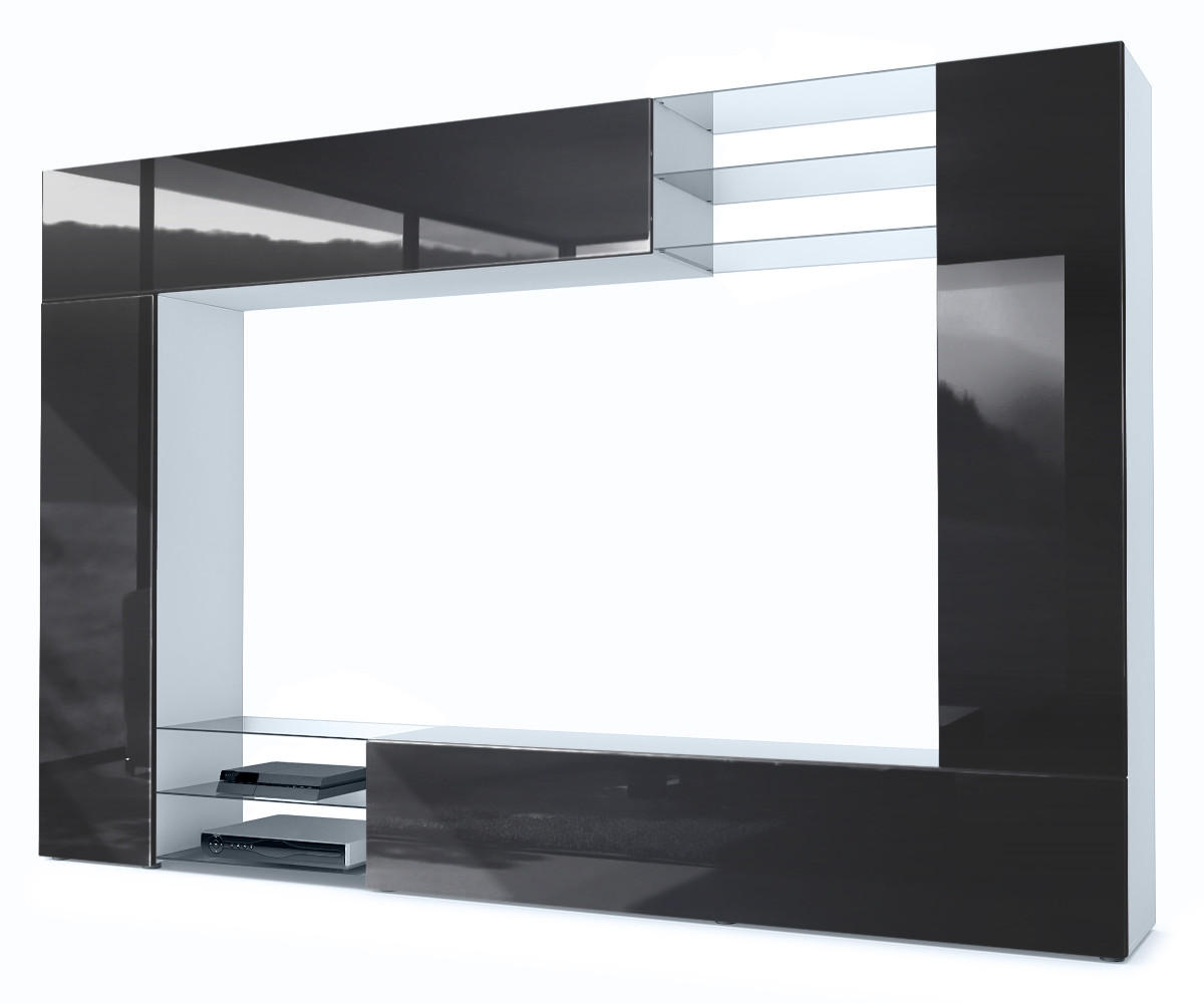 Vladon Wohnwand Schwarz Hochglanz 262x182.5x39 cm