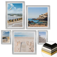 WANDBILDER 5er Set - 50x50 cm & 20x30 cm & 40x60 cm Silberner Rahmen - Strand, Sand, Wellen, Himmel, Vögel - Silberfarben, Kunststoff (40/60cm) - ArtPrintCave