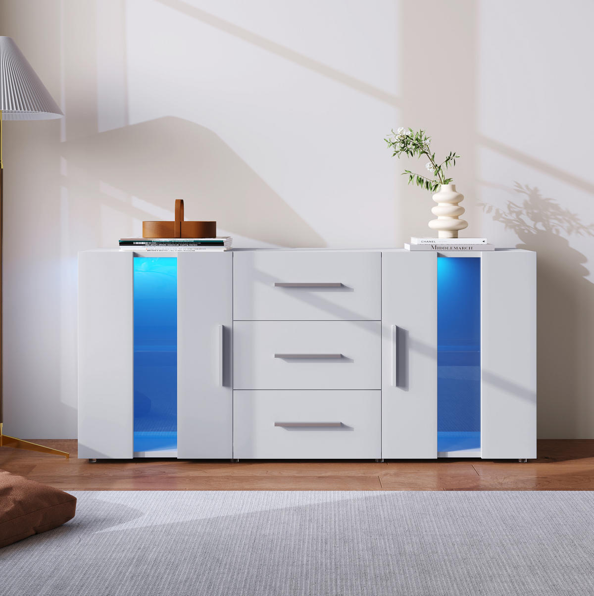 LOWBOARD 140/35/70 cm mit LED-Beleuchtung, 2 Türen und 3 Schubladen - Weiß, Holzwerkstoff (140/70/35cm) - BEAOK
