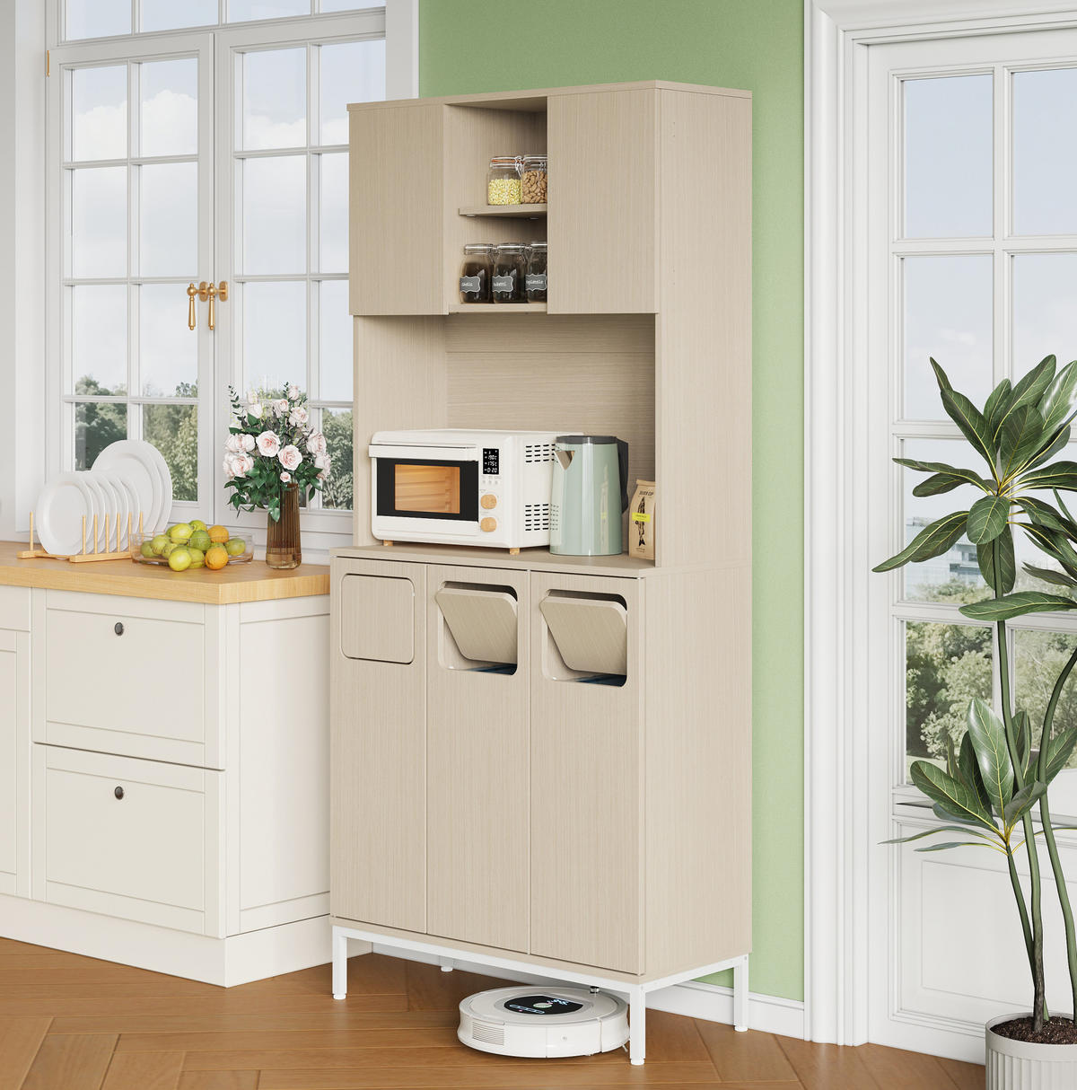 BUFFET 80/35/181 cm aus MDF mit Müllbereich und Mikrowellenfach Weiß (Hellholz-Optik) - Weiß, Holzwerkstoff (80/181/35cm) - Modenvie
