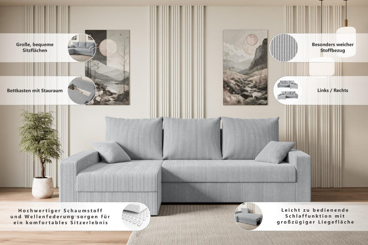 ECKSOFA mit Schlaffunktion und Bettkasten ALESIA-L 231x140x90 cm Koralle Velours - Koralle/Silberfarben, Holzwerkstoff/Kunststoff (231/140cm) - ALTDECOR