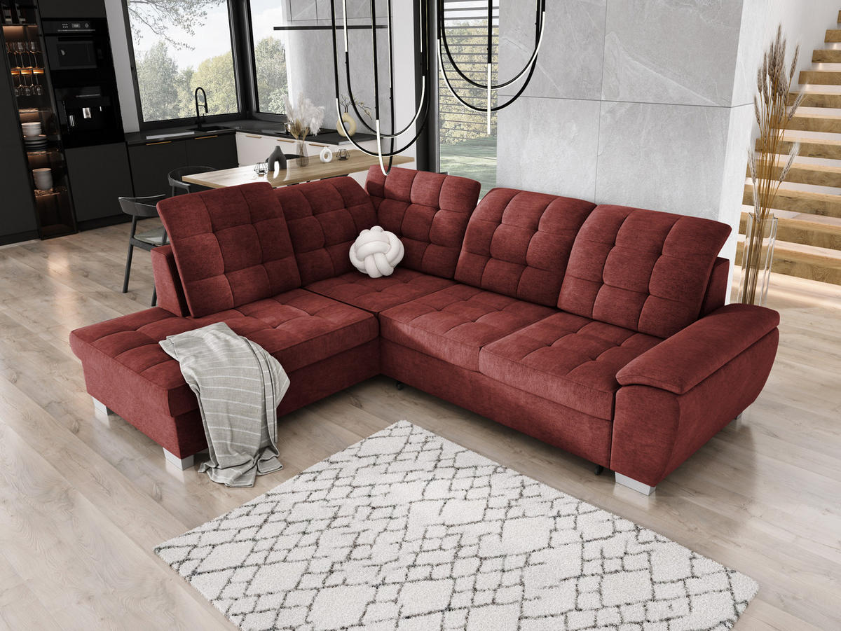 ECKSOFA LOTTA L-förmig Bettkasten verstellbare Kopfstützen hochwertige Verarbeitung lose Rückenkissen freistehend LINKS 212x258x106 cm Bordeaux - Bordeaux, Holz/Textil (212/258cm) - DomoHome