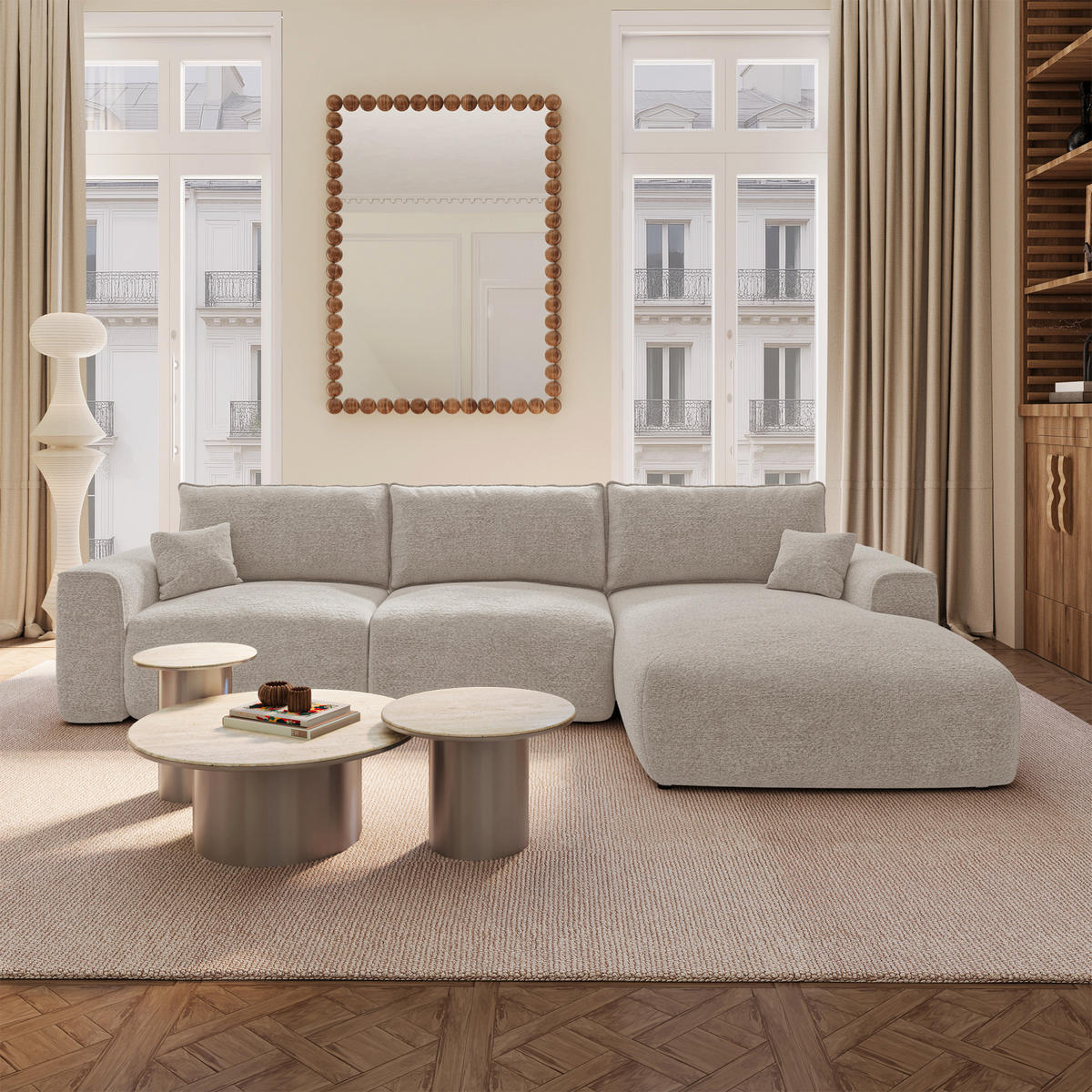 ECKSOFA rechtwinklig COMO Bouclé-Stoff Hellgrau 300cm - Hellgrau/Grau, Textil (300/165cm) - Premium Interiors