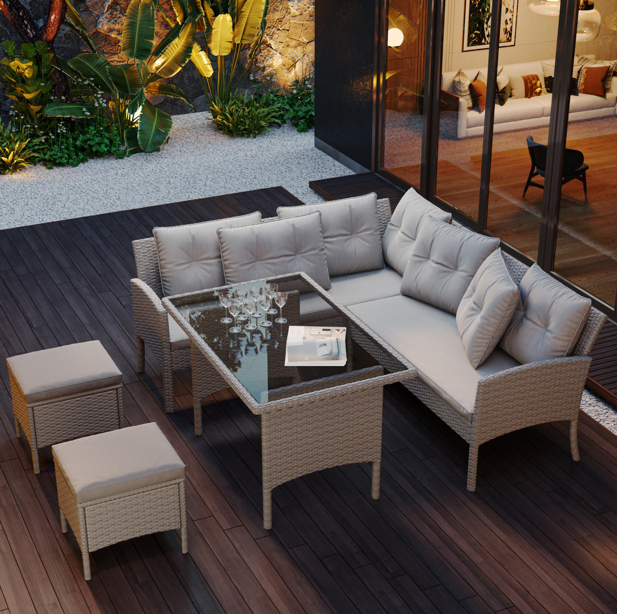 GARTENLOUNGE 195/51/78 cm khaki aus PE-Rattan mit Tisch, Hockern und waschbaren Kissen - Beige, Holzwerkstoff - OKWISH