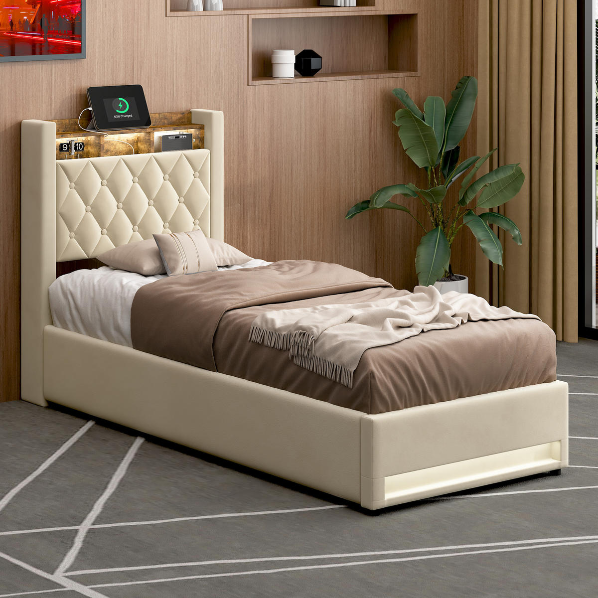 POLSTERBETT 90/200 cm mit Bettkasten und Steckdose Boxspringbett mit USB und LED-Licht Stauraumbett ohne Matratze - Beige, Holzwerkstoff/Textil (90/200cm) - STILVORA