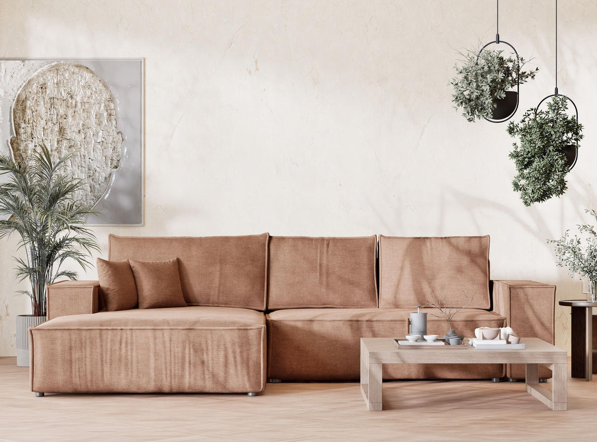 ECKSOFA Maze Hellbraun Chenille-Stoff - Links Seite - Hellbraun/Schwarz, Holz/Holzwerkstoff (185/294cm) - Maison de Reve