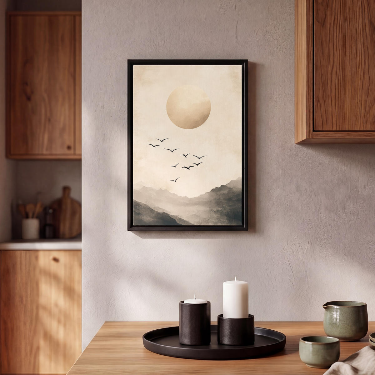 LEINWAND Bilder mit Rahmen - Landschaft - Japandi - Vogel - 20x30 - Beige, Textil (20/30cm) - MuchoWow
