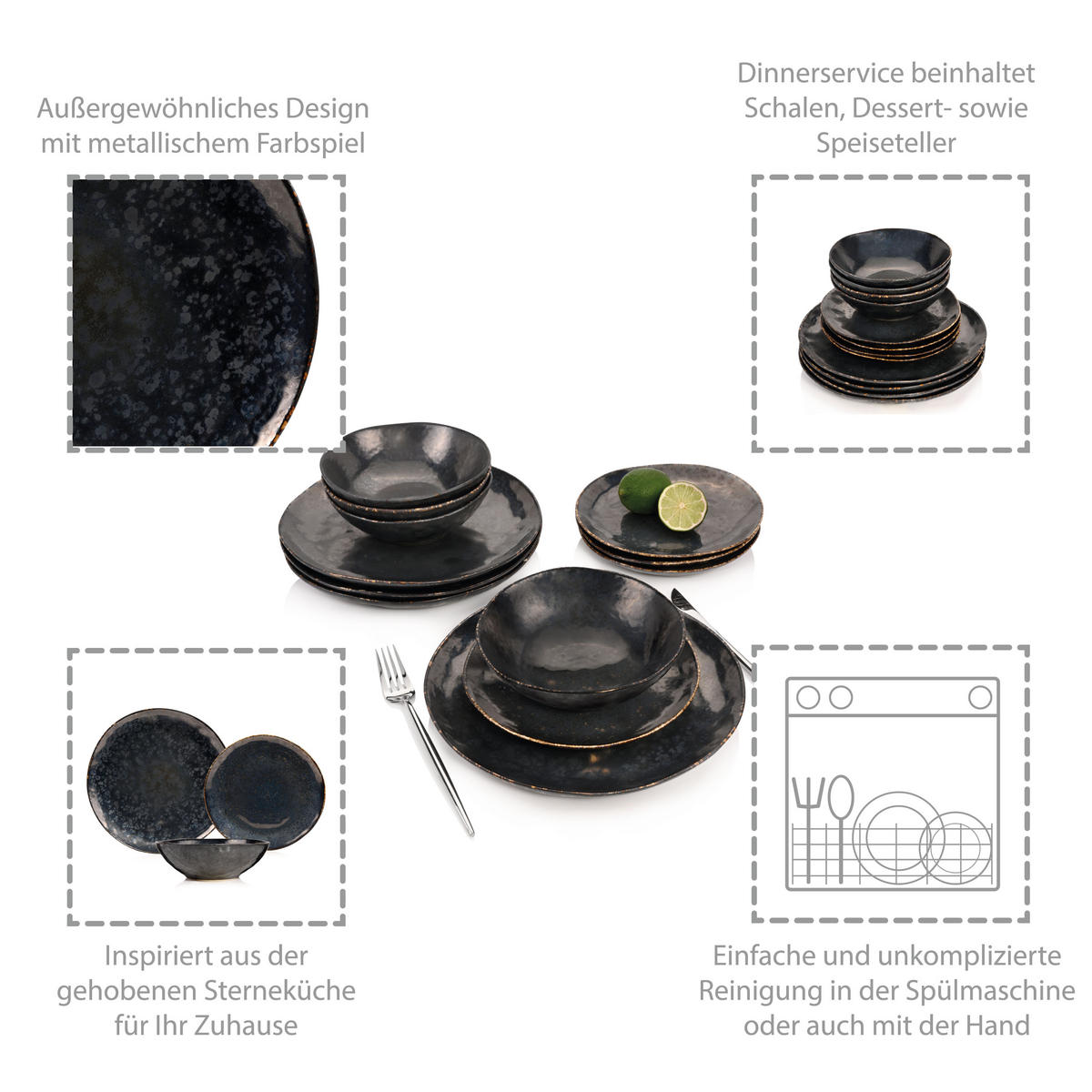 TAFELSERVICE TOMBEY - 12 teilig aus Steingut - Dunkelgrau, Keramik (35.4/33/36.29cm) - Sänger