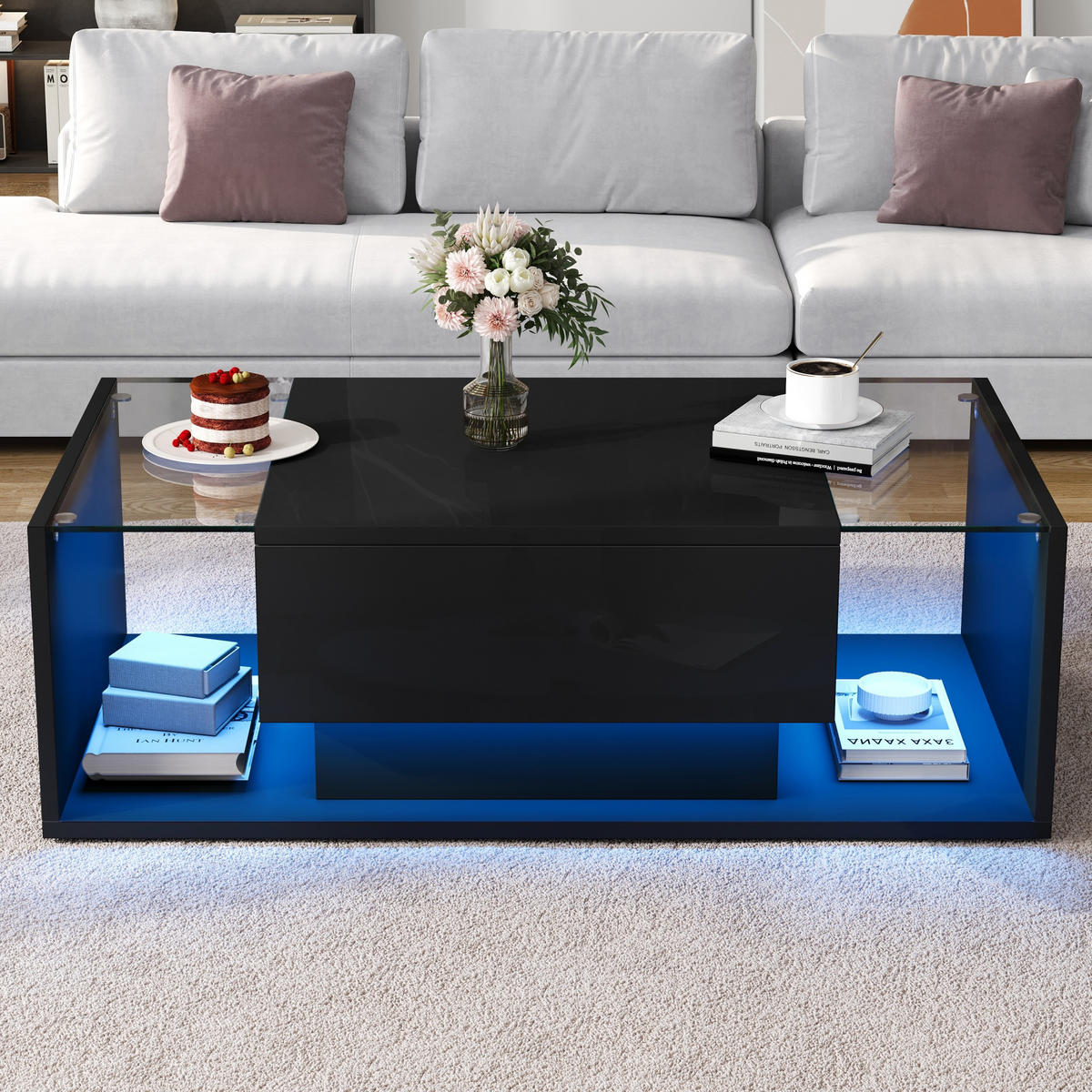 COUCHTISCH 100/50/31 cm schwarz mit 1 Schublade und LED-Beleuchtung - Schwarz, Holzwerkstoff (100/50/31cm) - OKWISH