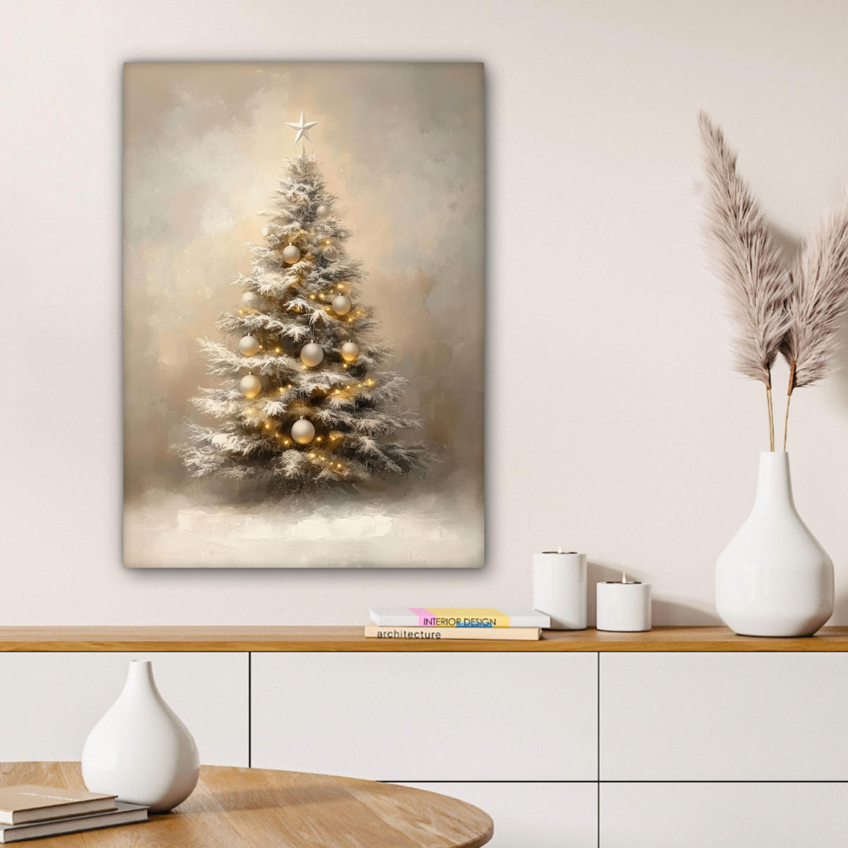 LEINWANDBILD Weihnachten - Weihnachtsbaum - Schnee - Kunst Wandbild Wohnzimmer 60x80 cm - Champagner, Textil (60/80cm) - MuchoWow