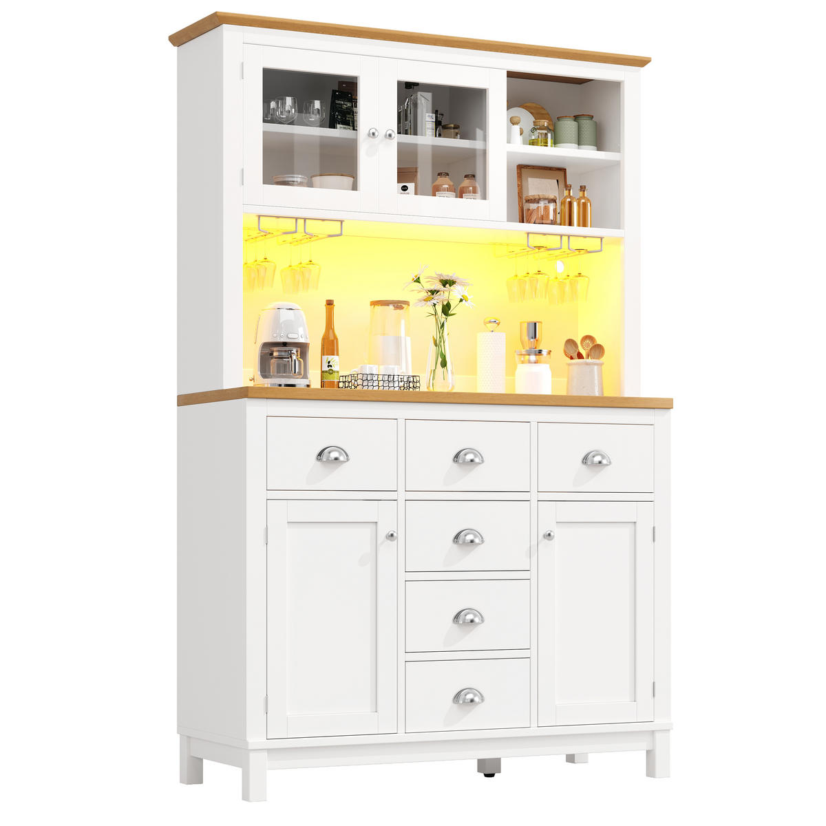 GESCHIRRSCHRANK aus MDF 104x40x180cm in Weiß mit LED-Lichtleiste - Weiß, Holzwerkstoff (104/180/40cm) - Modfu