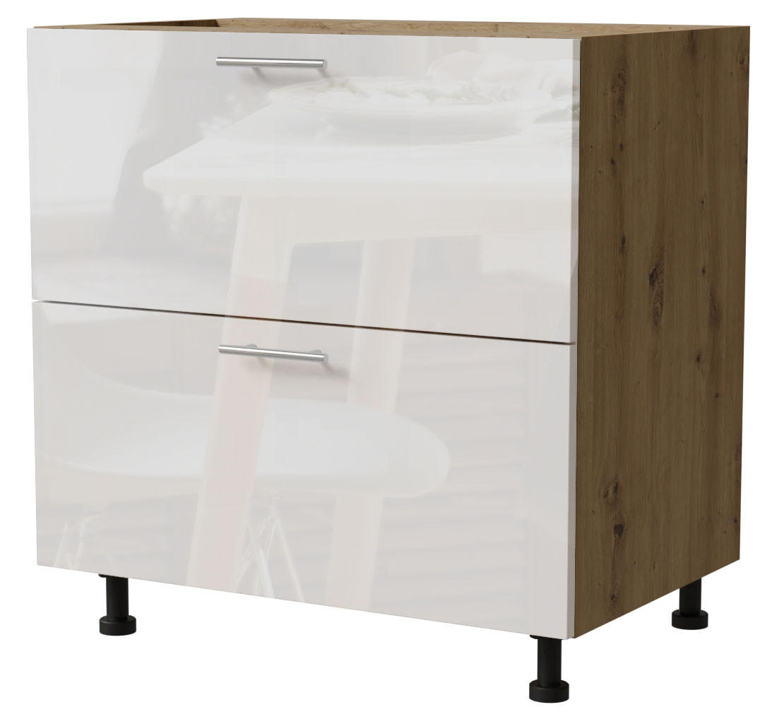 Feldmann-Wohnen Schubladenunterschrank Weiß Hochglanz, Eiche Artisan 80x82x50 cm