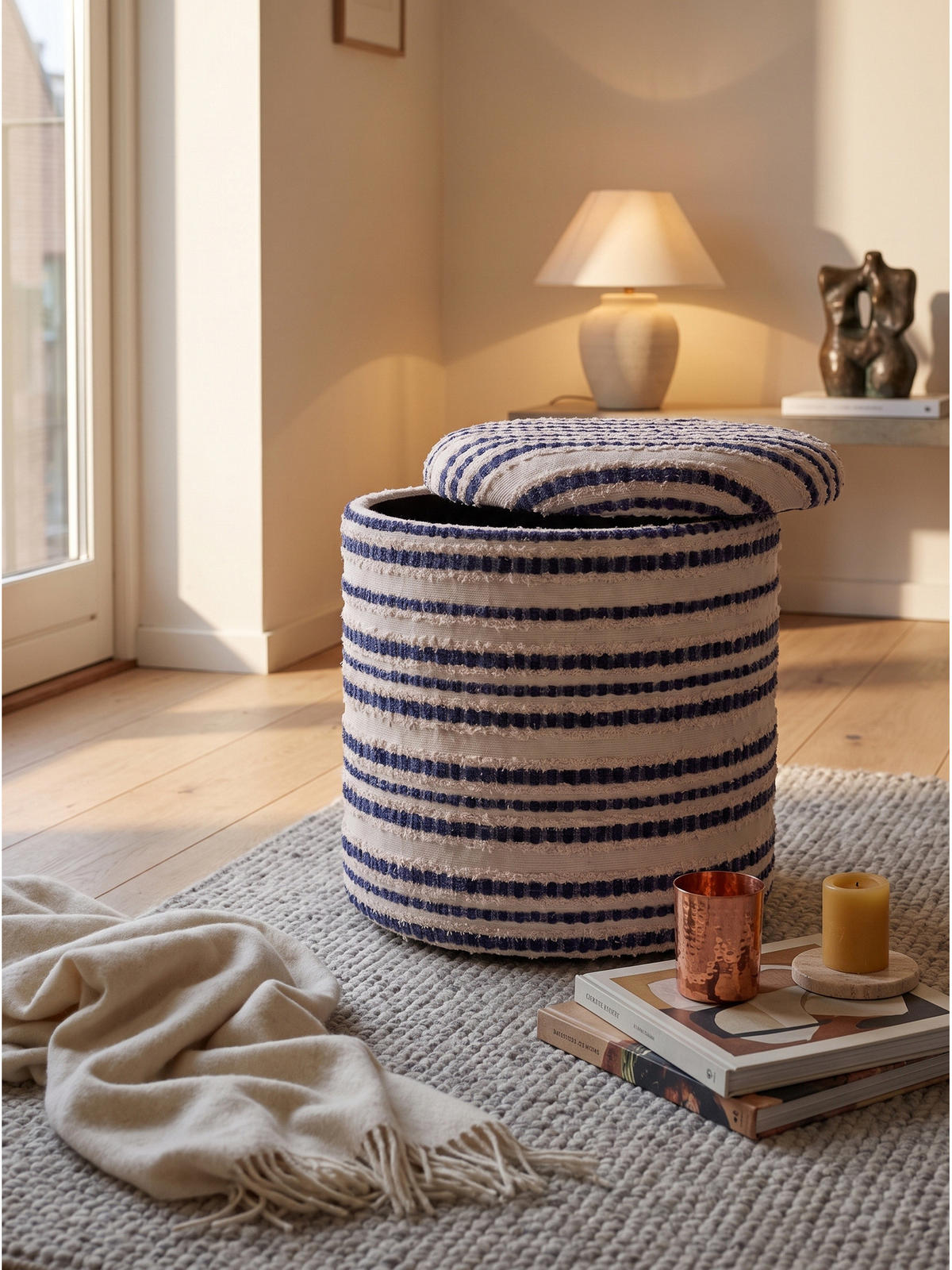 SITZHOCKER RHONE, Stoff, mit Textilbezug, Blau-Beige, Ø 40 x 45 cm - Blau/Beige, Textil (40/45/40cm) - KADIMA DESIGN