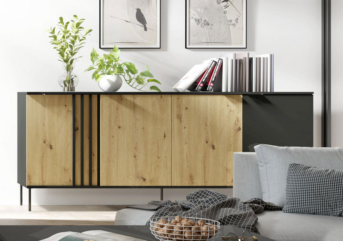 SIDEBOARD Rodgau Schwarz / Eiche Artisan 220 / 40 / 92cm - Multicolor/Schwarz, Holz/Holzwerkstoff (220/92/40cm) - Feldmann-Wohnen