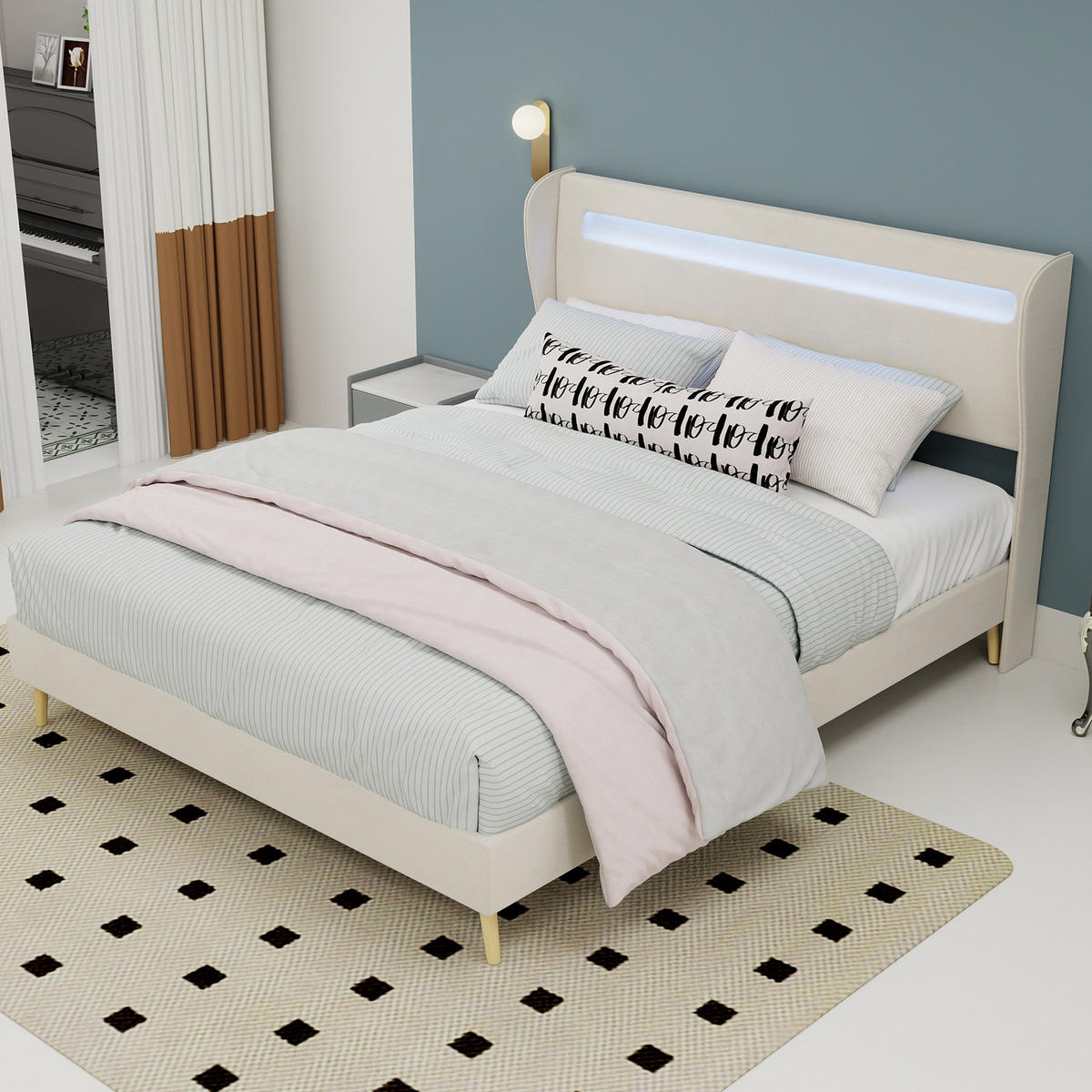 POLSTERBETT 140/200 cm beige aus Stoff und Metall mit LED-Kopfteil - Beige, Textil (140/200cm) - OKWISH