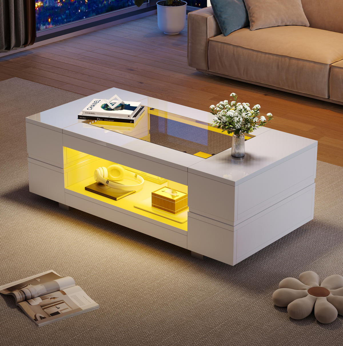 COUCHTISCH 100/50/35 cm Weiß aus Spanplatte mit Glasplatte und LED-Beleuchtung - Weiß, Holzwerkstoff (100/50/35cm) - OKMYHOME