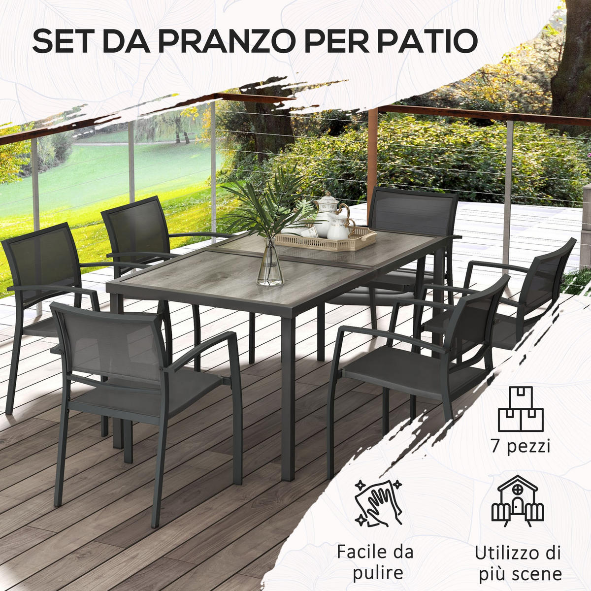GARTENMÖBEL-SET,6 Netzstühle+Holzoptik Tisch,grau - Grau, Metall - Vallsero