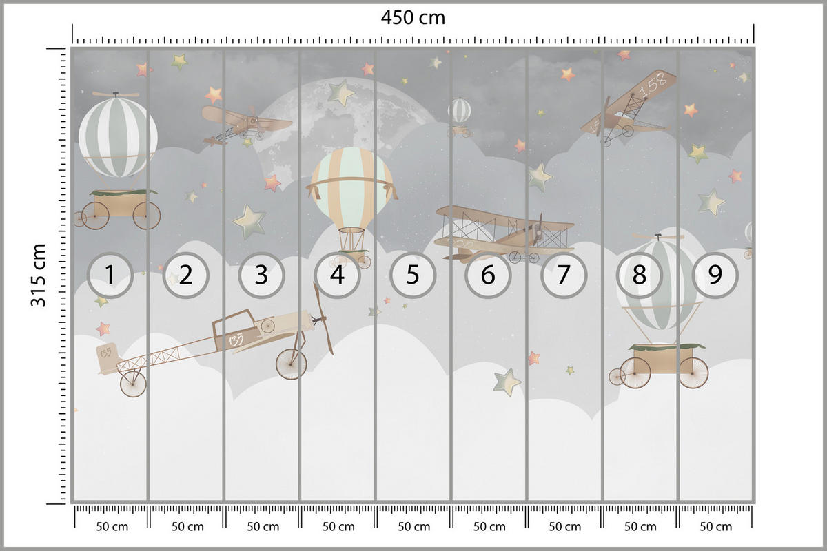 FOTOTAPETE für Kinderzimmer Ballons Wolken Flugzeug Himmel Sterne 450x315 - Multicolor, Papier (450/315cm) - Muralo