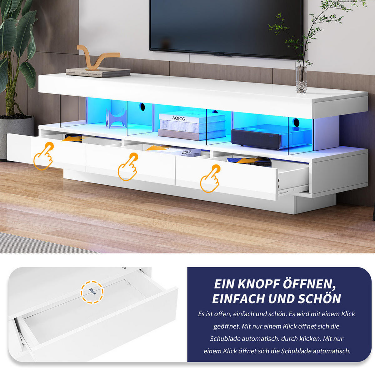 TV-SCHRANK 160x38cm Hochglanz LED-Beleuchtung App-Steuerung Weiß Glasfächer - Weiß, Holz (40.5/29/63.5cm) - FLIEKS