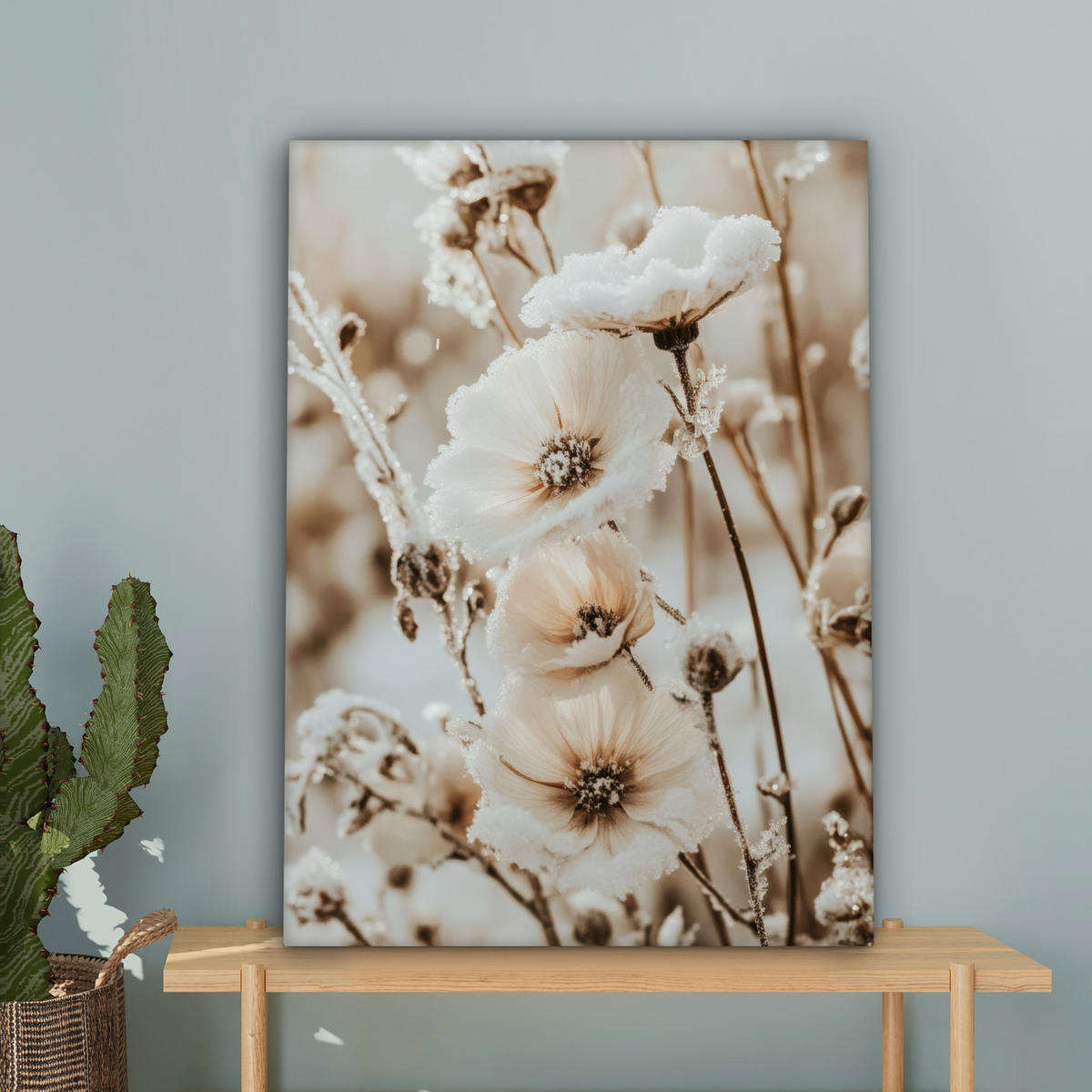 LEINWANDBILD Blumen - Winter - Weiß - Schnee - Beige 60x80 cm - Creme, Textil (60/80cm) - MuchoWow