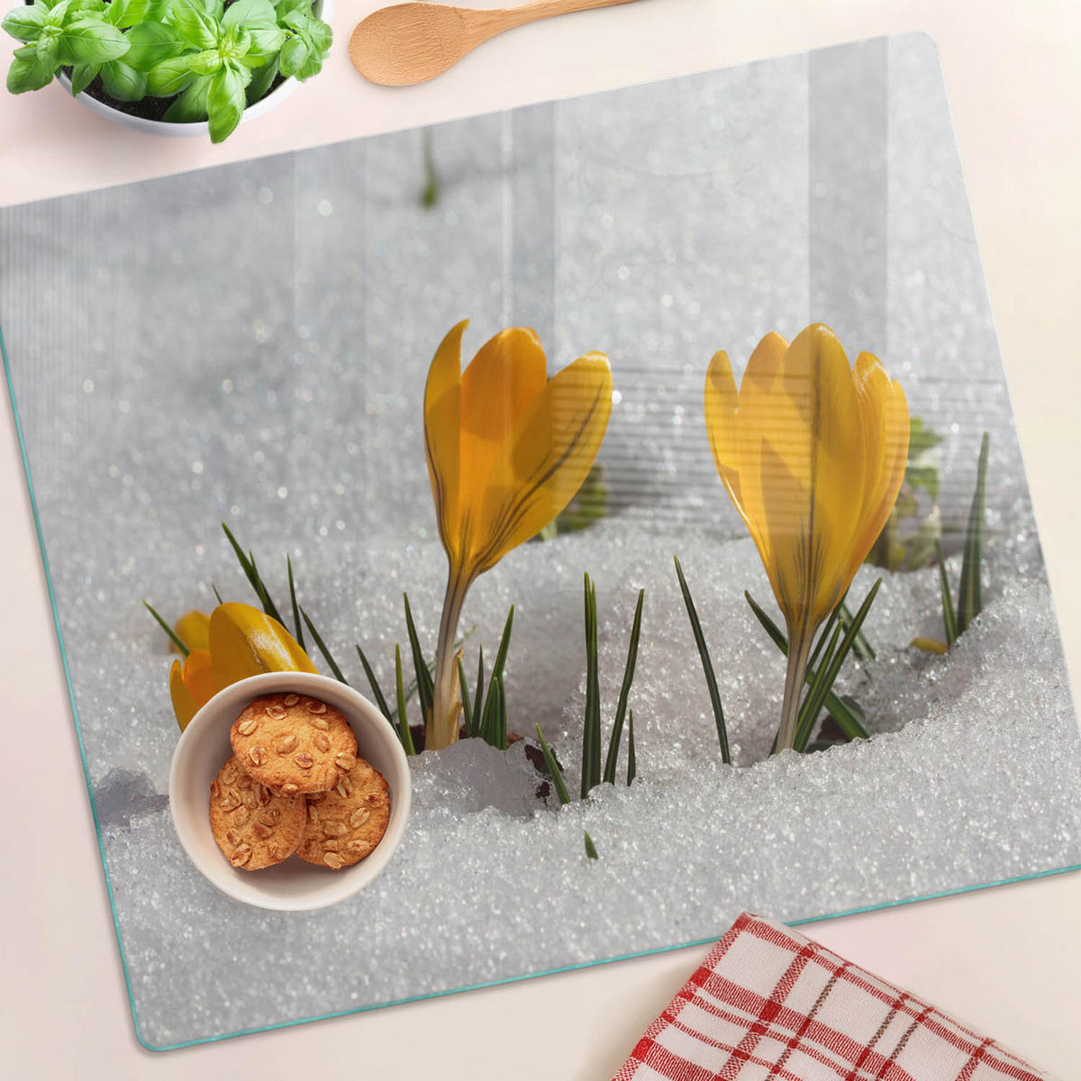 GLASPLATTE 60x52 cm Krokusse im Schnee - Gelb, Glas (60/0.4/52cm) - TULUP