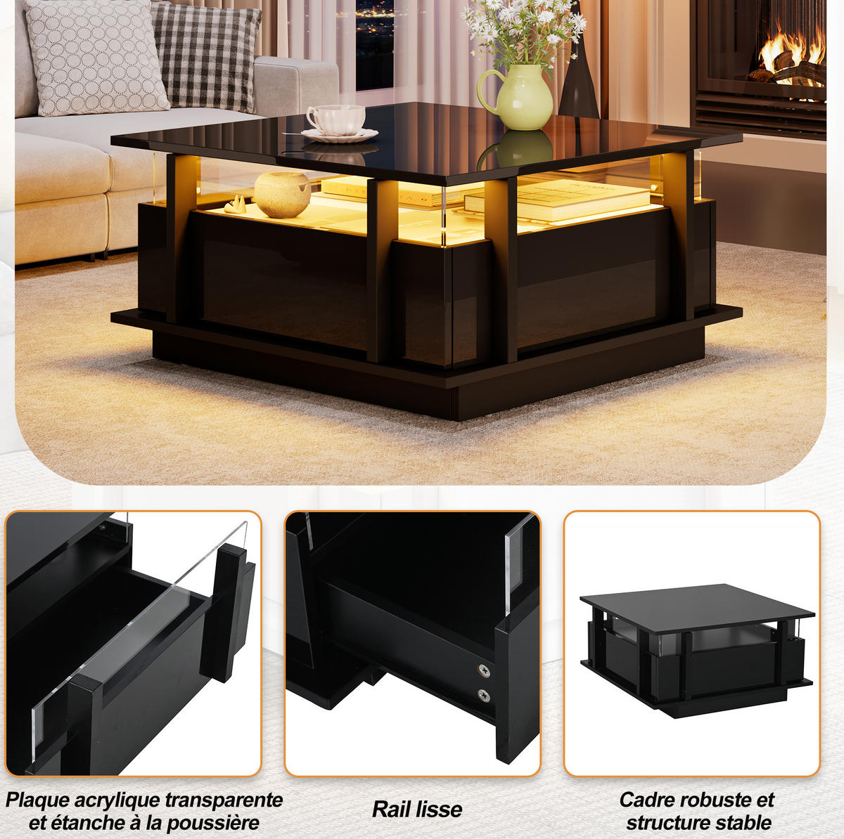 COUCHTISCH 70/70/35 cm mit 2 Schubladen, LED-Beleuchtung und Acrylabtrennung aus Spanplatte, Schwarz - Schwarz, Holzwerkstoff (70/70/35cm) - Redom