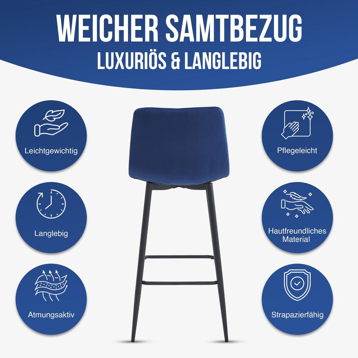 BARHOCKER 4er Set Marineblaues Velours, Gepolsterte Rückenlehne, Bequem Und Modernes Design Für Die Küche Oder Die Theke - Blau, Textil (46/104/33cm) - Best For Home