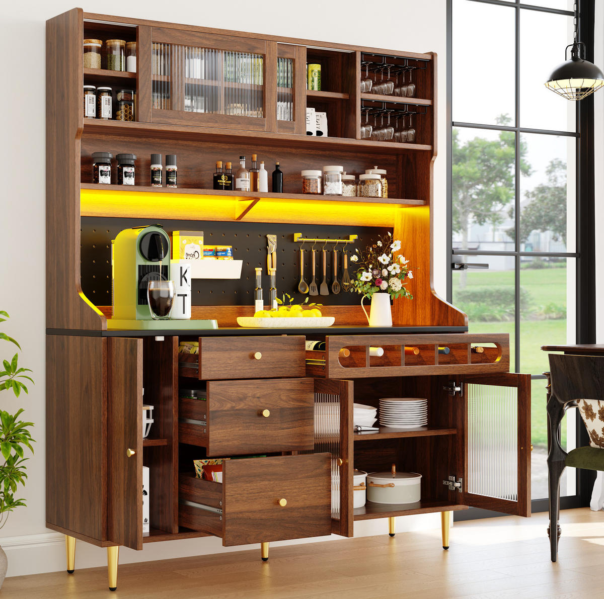 BUFFET 145/39/171 cm walnuss aus MDF und Glas mit LED - Walnussfarben, Glas (145/171/39cm) - OKWISH