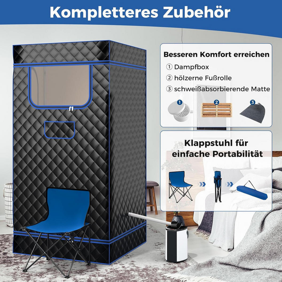DAMPFSAUNA Tragbare schwarz - Schwarz, Textil (91/183/91cm) - COSTWAY