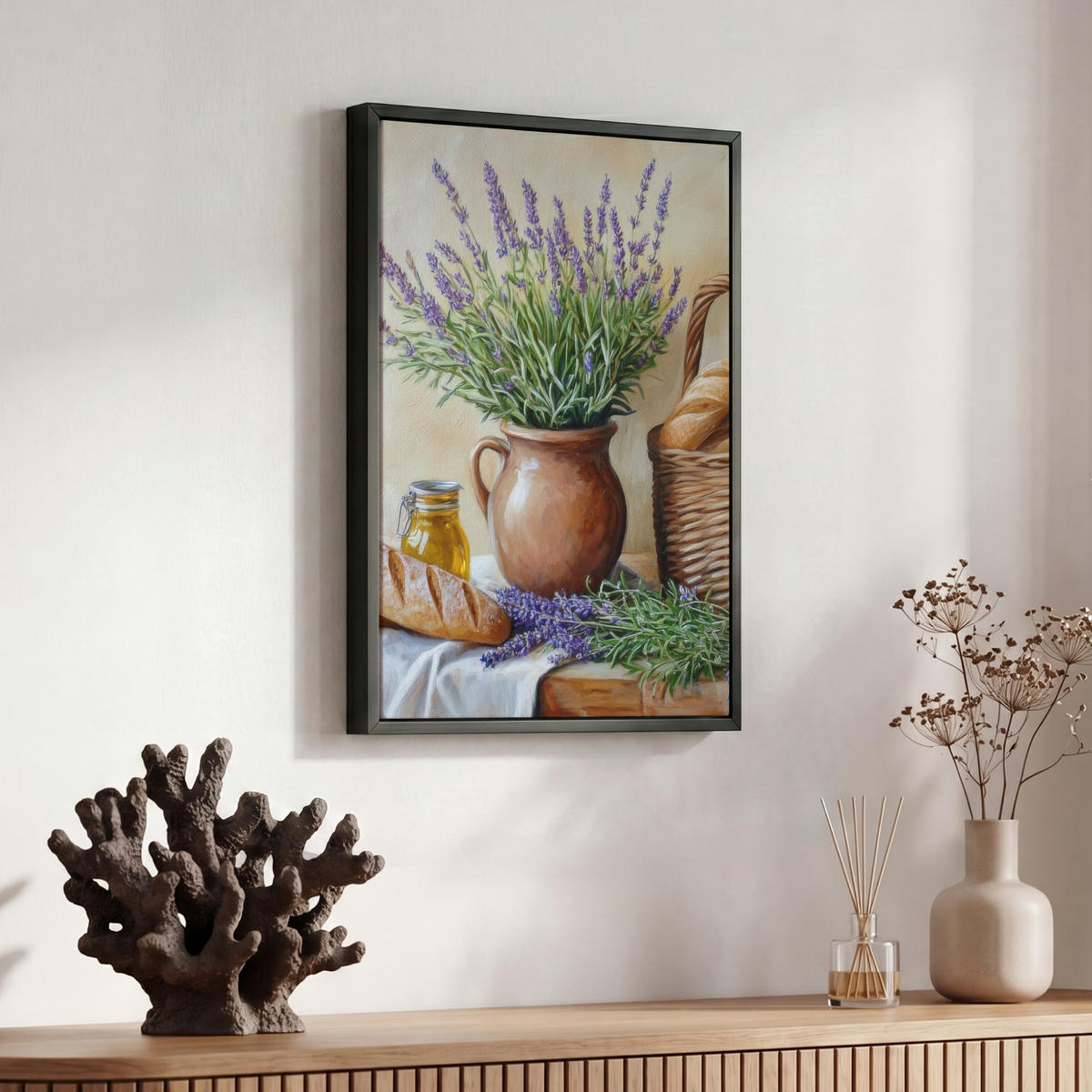 LEINWAND Bilder mit Rahmen - Lavendel - Brot - Stilleben - 30x40 - Flieder, Textil (30/40cm) - MuchoWow
