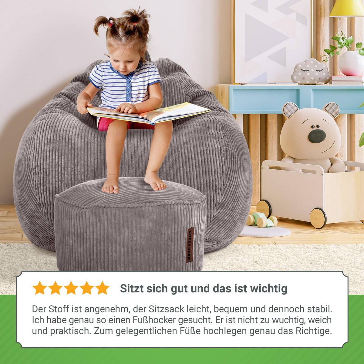 XXL-SITZSACK 2er Set + Pouf - Cordstoff - Grau, Textil (90/110/90cm) - Green Bean