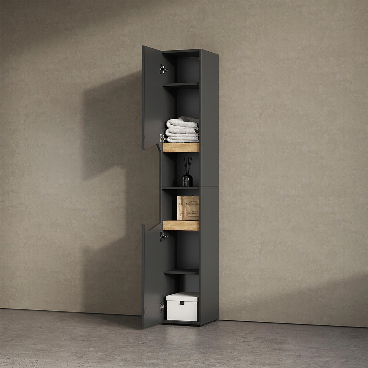 BADSCHRANK Timavo Anthrazit 30 x 180 cm mit Türen, und offenen Fächern - Anthrazit, Holzwerkstoff (30/180/35cm) - Livinity®