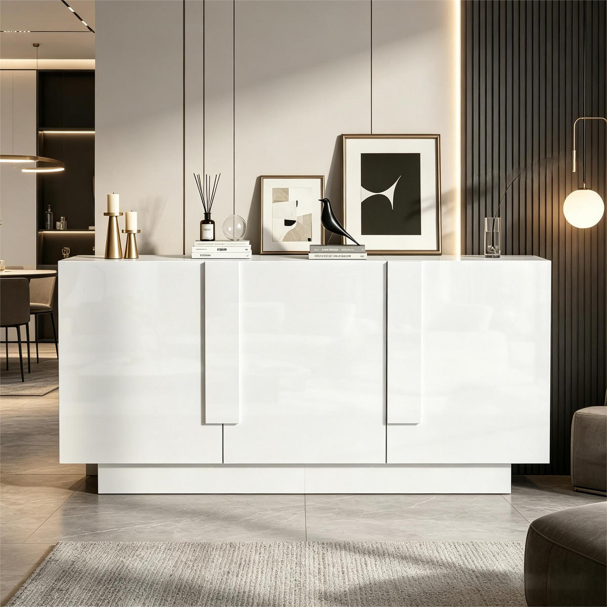SIDEBOARD Hochglanz Minimalistisch mit Türen & verstellbaren Böden Stauraum modern Wohnzimmer Esszimmer - Weiß, Holzwerkstoff (160/60/35cm) - EVRYAE