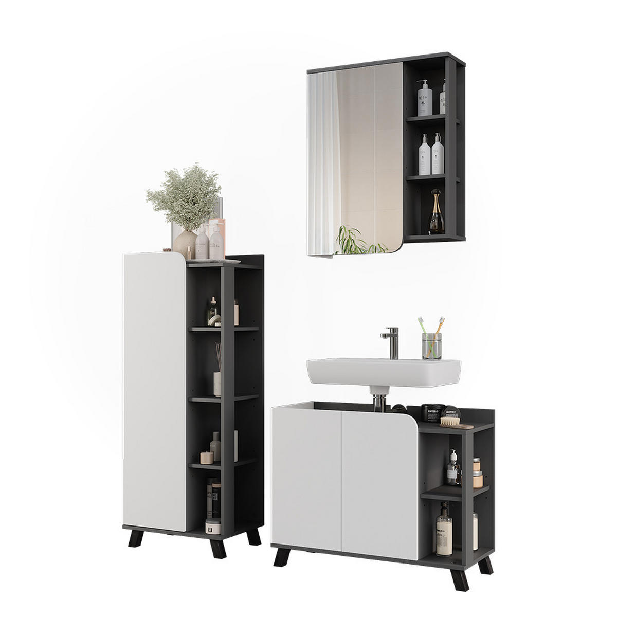 BADMÖBEL-SET Karen Anthrazit/Weiß 3 Teile - Anthrazit/Weiß, Holzwerkstoff (80/65/35cm) - Vicco