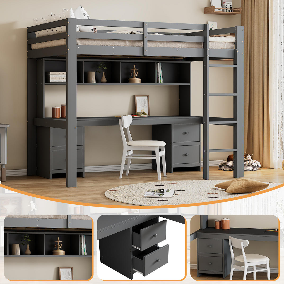 HOCHBETT 90/200 cm Grau mit Schreibtisch und Stauraum - Grau, Holz (90/200cm) - Flora Grace
