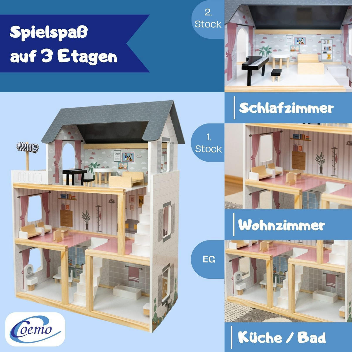 PUPPENHAUS LARA Holz Villa möbliert 3 Etagen - Weiß, Holzwerkstoff (27/78/62cm) - Coemo