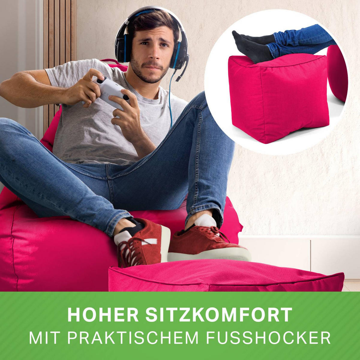 SITZSACK + Hocker "Cozy+Cube" 2er Set - Pink, Textil (70/90/80cm) - Green Bean