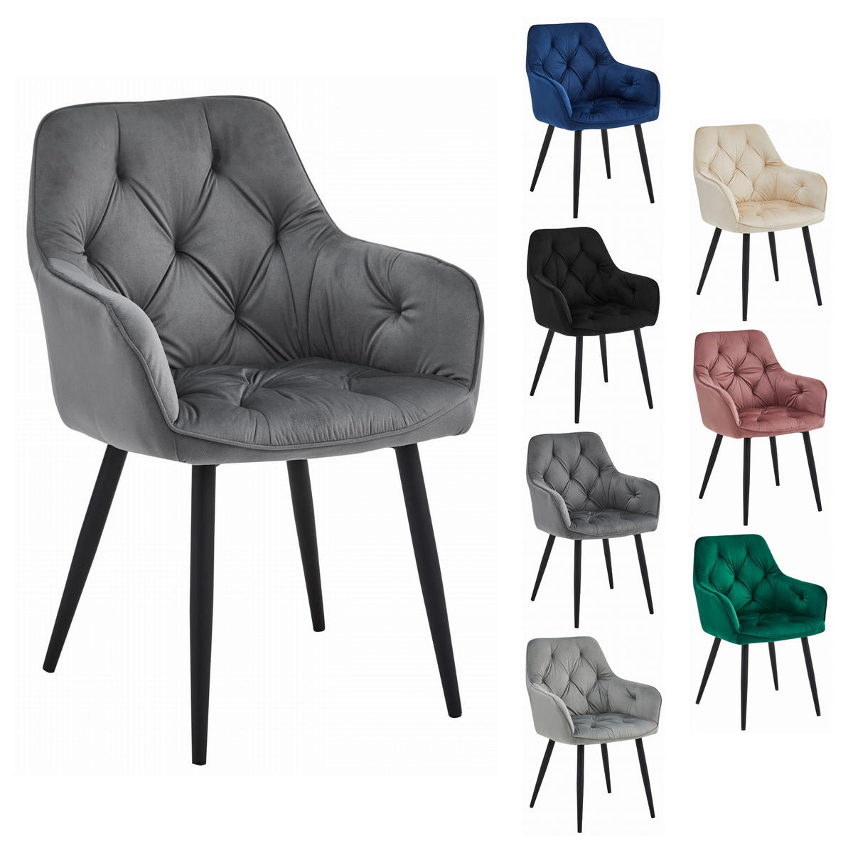 STUHL IRGOLI 4-er Set, Grau, Schwarz, mit Samtstoff gepolstert - Anthrazit, Textil/Metall (56/84/62cm) - Komodee