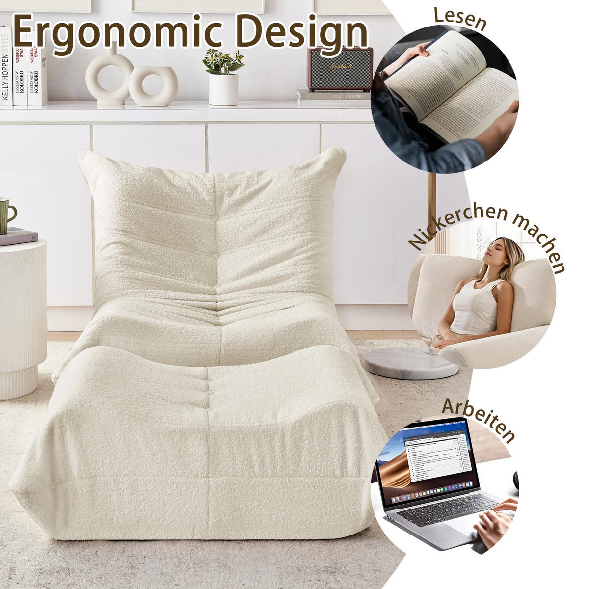 LAZY SOFA Teddypäls-look med Pall mjuk & ergonomisk - Beige, Textil (100/70/90cm) - Urban Meuble