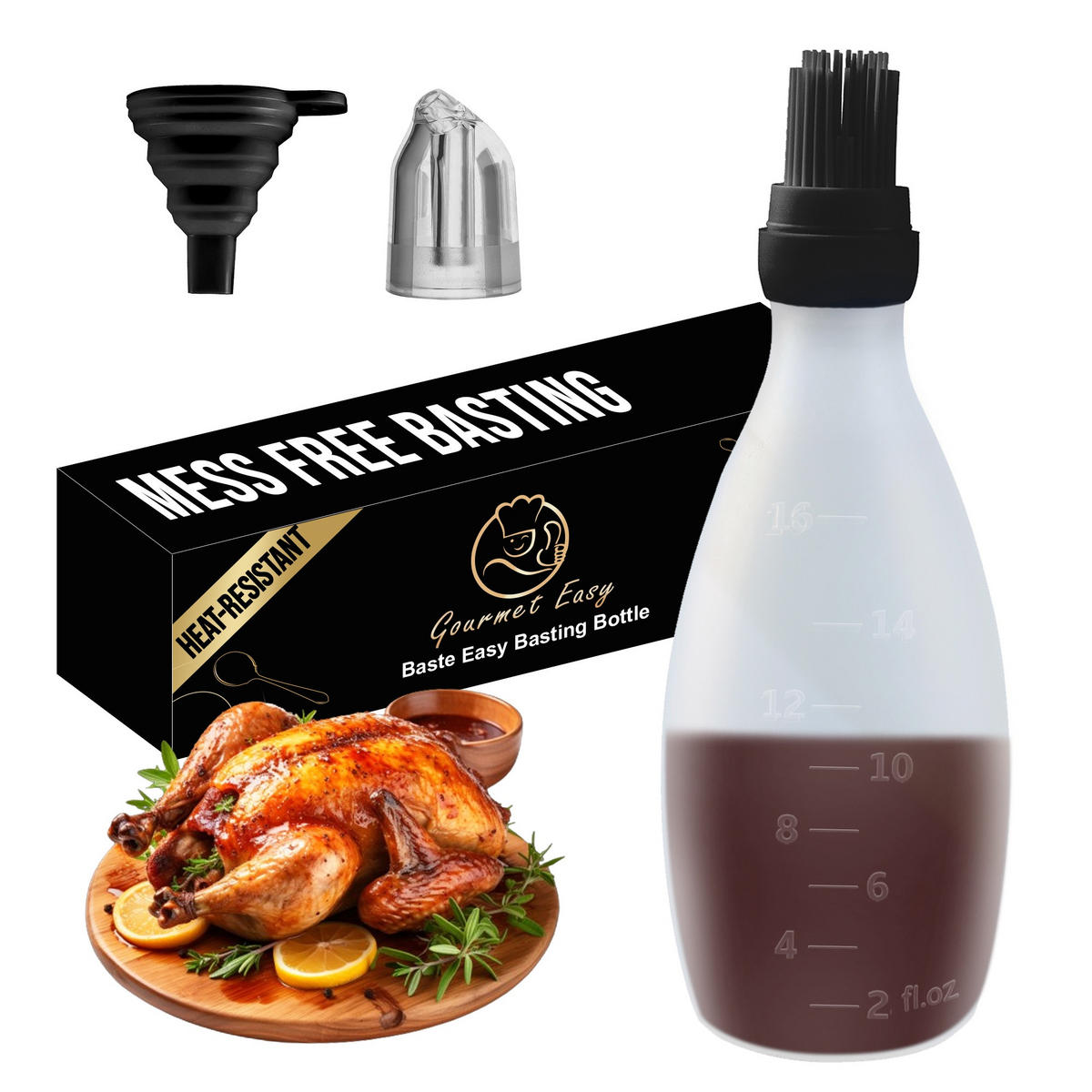 BRATENSPRITZE,SILIKON-BACKPINSEL Baste Easy, Schwarz, inkl. Saucenflasche, hitzebeständig - Schwarz, Kunststoff (8.13/24.14/8.13cm) - Gourmet Easy