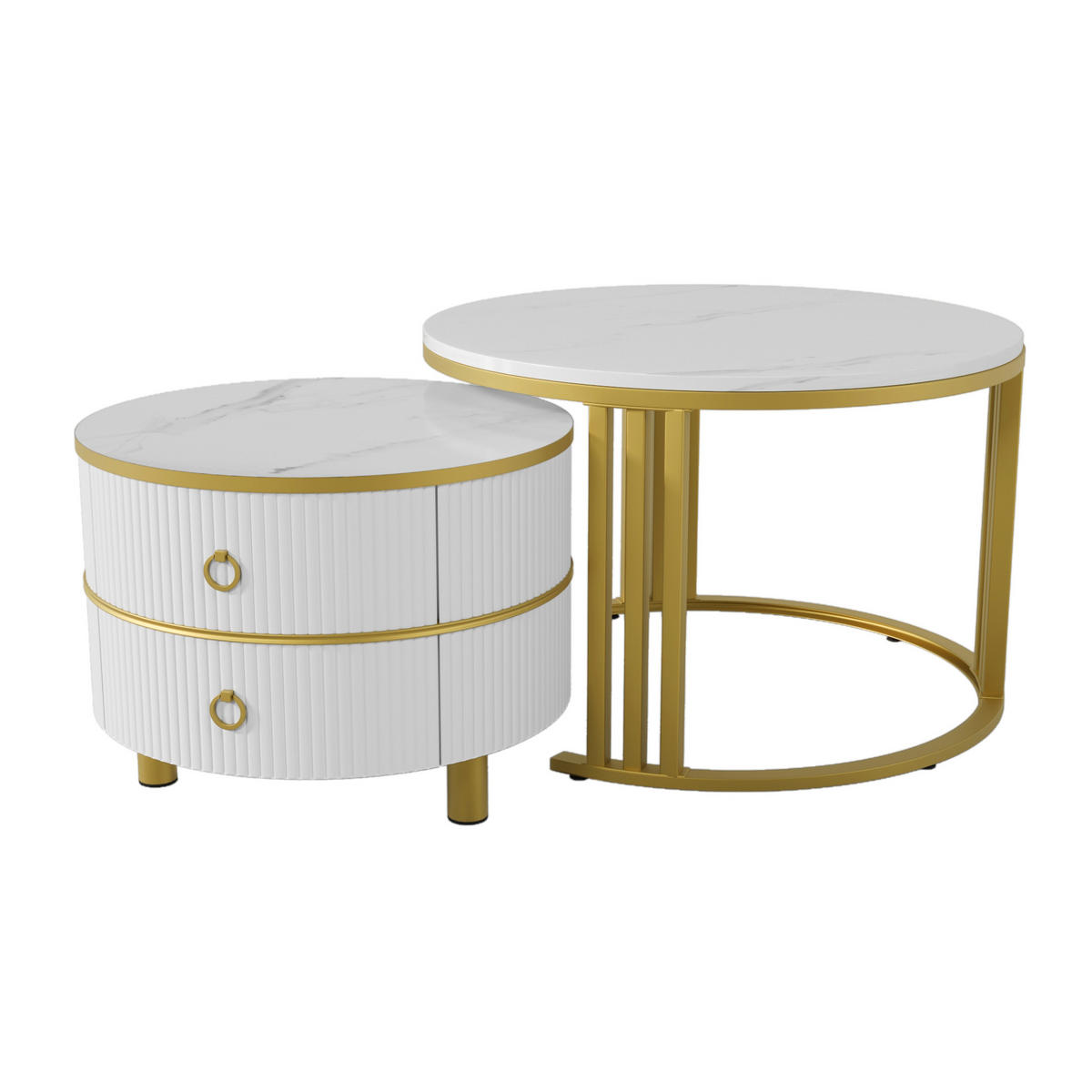 KONFERENČNÍ stolky, 70/70/46 + 50/50/40 cm, MDF bílá, 2dílná sada se zásuvkami - bílá/zlatá, kompozitní dřevo (70/70/46cm) - BEAOK