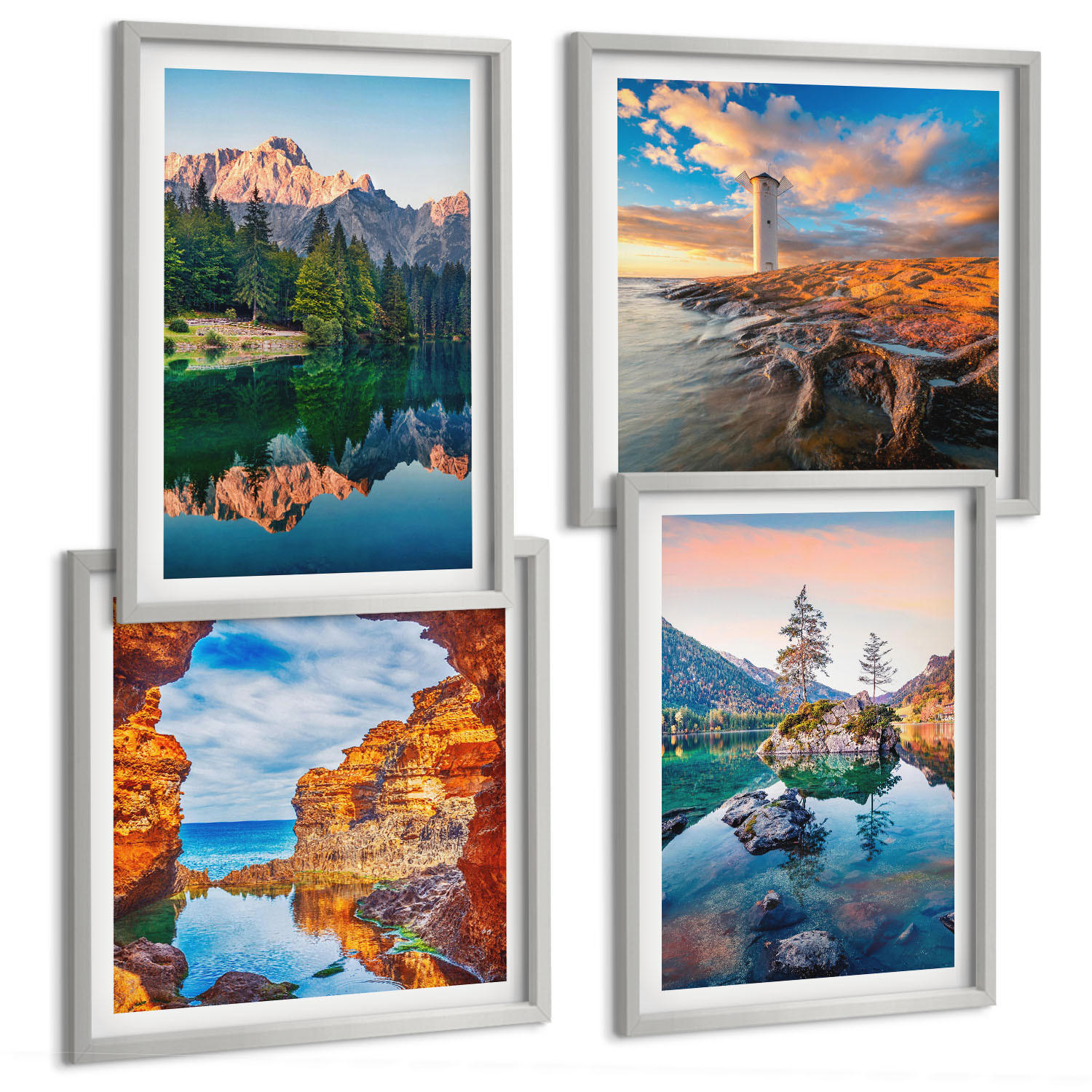 BILDER SET 4er Set - 50x50 cm & 40x60 cm Silberner Rahmen - Spiegelung der Felsen in Bergseen - Silberfarben, Kunststoff (50/50cm) - TULUP